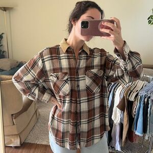 Vintage Brown and Black Flannel with corduroy collar Shirt